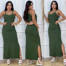 VESTIDO  canelado de alcinha - Verde Militar - Visão 3