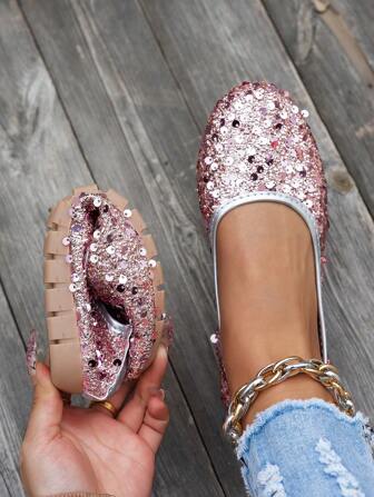 女士加大码亮片平底一脚蹬鞋，时尚休闲轻便舒适软底派对平底鞋，户外防滑耐磨孕妇妈妈鞋，粉色亮片