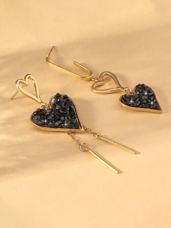 1 par asymmetrisk svart hjärtform tofs kvinnor dinglar örhängen, överdrivna smycken present till alla hjärtans dag eller födelsedag, mamma, mor, mors dag, present
