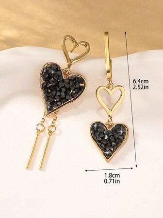 1pair Asymmetric Black Heart Shape Tassel Women Dangle Earrings, Exaggerated Jewelry Gift For Valentine's Day Or Birthday,Mom,Mother,Mother's Day,Gift