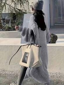 纯色前开宽松针织开衫，休闲长袖长款带口袋毛衣，女士服装 - 淺灰紫 - 查看 4