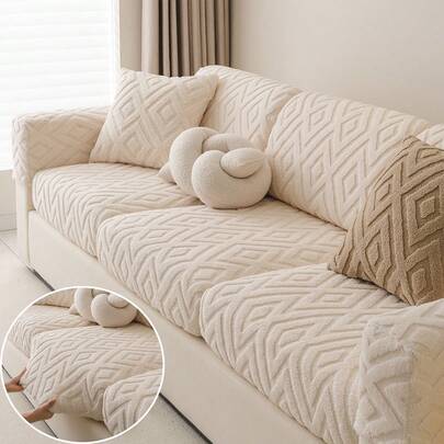 1pc Thick Warm Plush Jacquard Anti-Slip Sofa Seat Cushion Cover, Modern Soft Breathable Pet Proof Elastic Sofa Slipcover, Autumn/Winter Pet Half Wrap Sofa Seat Pad, Anti-Scratch Sofa Skirt Fits L-Shaped Combination Sofa And 1/2/3/4 Seat Sofa (One Piece)
