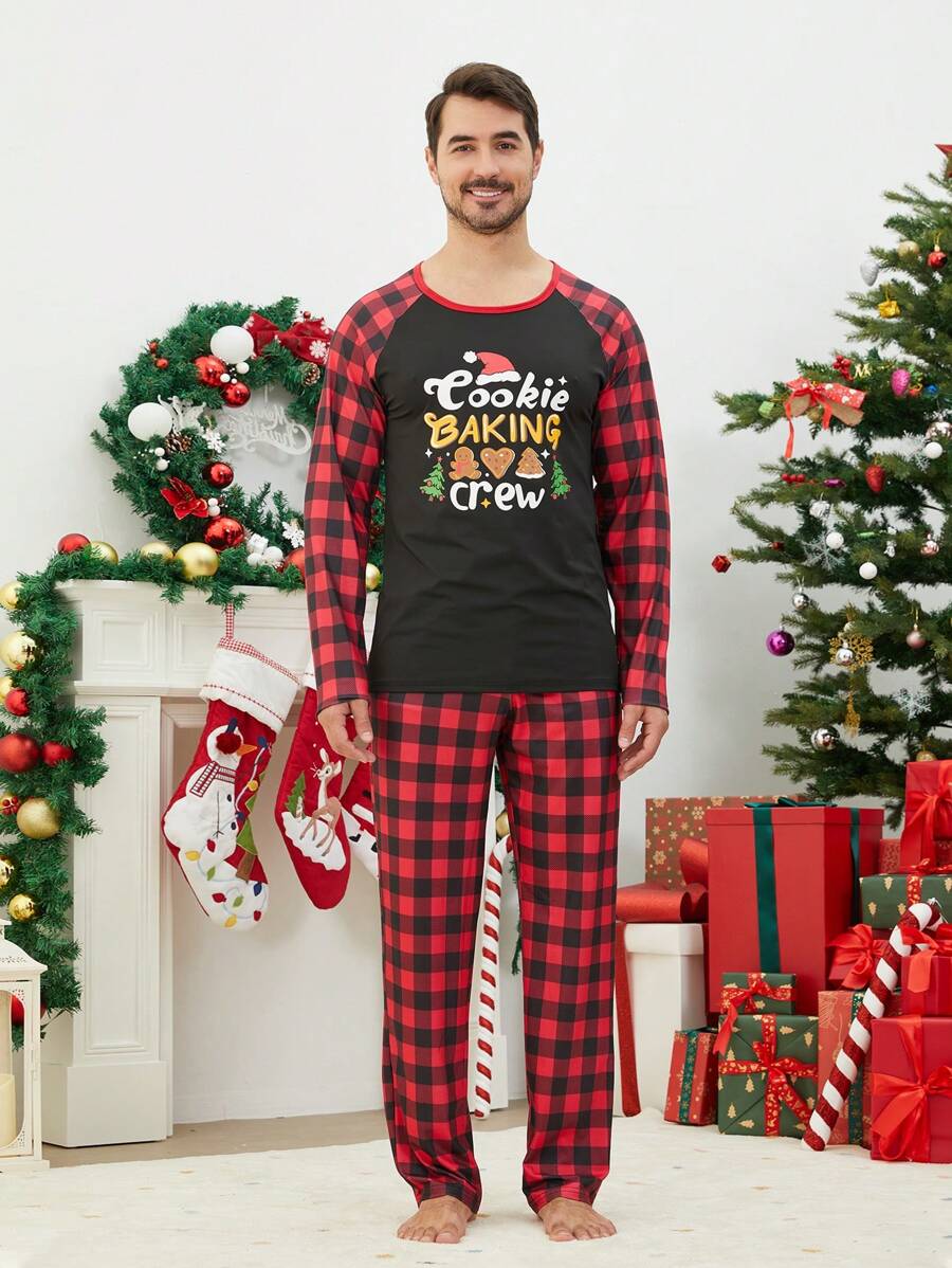 2 件套男士圣诞睡衣套装，圆领圣诞帽和字母印花长袖上衣和裤子，假日舒适家居服 - 黑色 - 查看 1