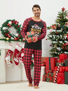 2 件套男士圣诞睡衣套装，圆领圣诞帽和字母印花长袖上衣和裤子，假日舒适家居服 - 黑色 - 查看 4