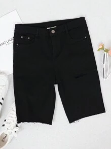 Women's High Waist Ripped Hole Denim Shorts Stretchy Bermuda Distressed Raw Hem Jean Shorts - 黑色 - 查看 4