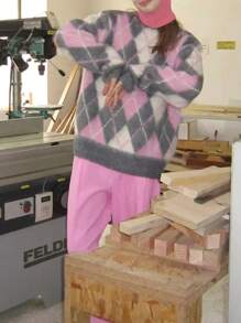 女士复古宽松针织毛衣，圆领，秋冬款 - 灰色 - 查看 4