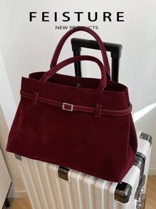 FEISTURE 1 件仿麂皮手提包，Ancora 大容量纯色成熟优雅女士手提包，勃艮第复古带扣肩带，适合女孩、女士、大学生、职场新人和白领，非常适合工作、商务、通勤、学校、复古风格女士包 - 酒紅色 - 查看 10