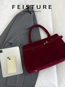 FEISTURE 1 件仿麂皮手提包，Ancora 大容量纯色成熟优雅女士手提包，勃艮第复古带扣肩带，适合女孩、女士、大学生、职场新人和白领，非常适合工作、商务、通勤、学校、复古风格女士包 - 酒紅色 - 查看 4