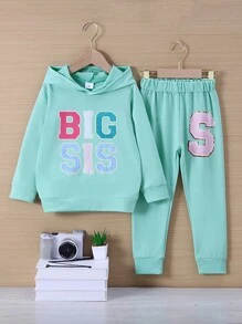2pcs Set Young Boys Casual "BIG SIS" Letter Print Long Sleeve Sweatshirt And S Letter Graphic Fitted Pants For Autumn/Winter - Baby Blue - View 1