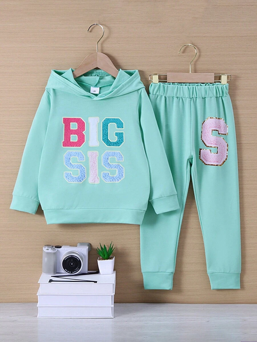 2pcs Set Young Boys Casual "BIG SIS" Letter Print Long Sleeve Sweatshirt And S Letter Graphic Fitted Pants For Autumn/Winter - Baby Blue - View 1