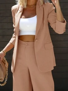 Chicsale Elegant Business And Leisure Two-Piece Suit, Single-Button Lapel Suit Jacket And Slim Trousers, Women's Wear - 主粉紅色 - 查看 3
