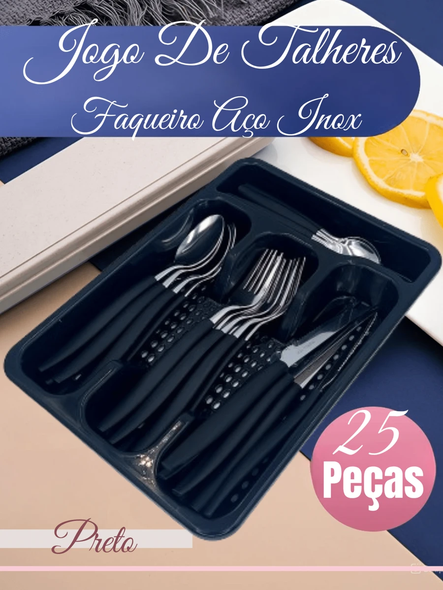 25 Pieces Stainless Steel Cutlery Set With Drawer Kitchen Organization - 黑色 - 查看 1