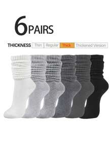 6 Pairs Women's Multicolor Slouch Crew Socks, Slouchy Socks, Fashionable Versatile Daily Soft Comfortable Moisture-Wicking Back-To-School Warm