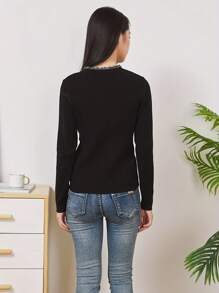 Women's Knitwear V-Neck Lace Lace Splicing Spring, Fall And Winter New Within The Wear Buttons Decorated Sweater Female Bottoming Shirt - 黑色 - 查看 2