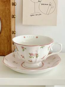 1 Piece Pink Rabbit Ceramic Coffee Cup And Saucer Set, Cute Girl Heart Afternoon Tea Plate, Holiday Gift, Home Goodies, Women's Coffee Mug, Holiday Gifts, Valentine's Day Gifts Back To School