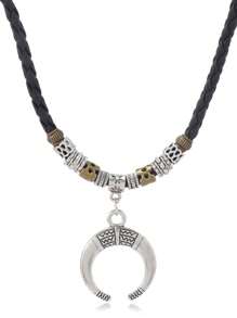 1 件波西米亚风格时尚个性化尖牙叶交叉音符吊坠 PU 皮革编织项链，适合男士日常佩戴 - 彩色 - 查看 17