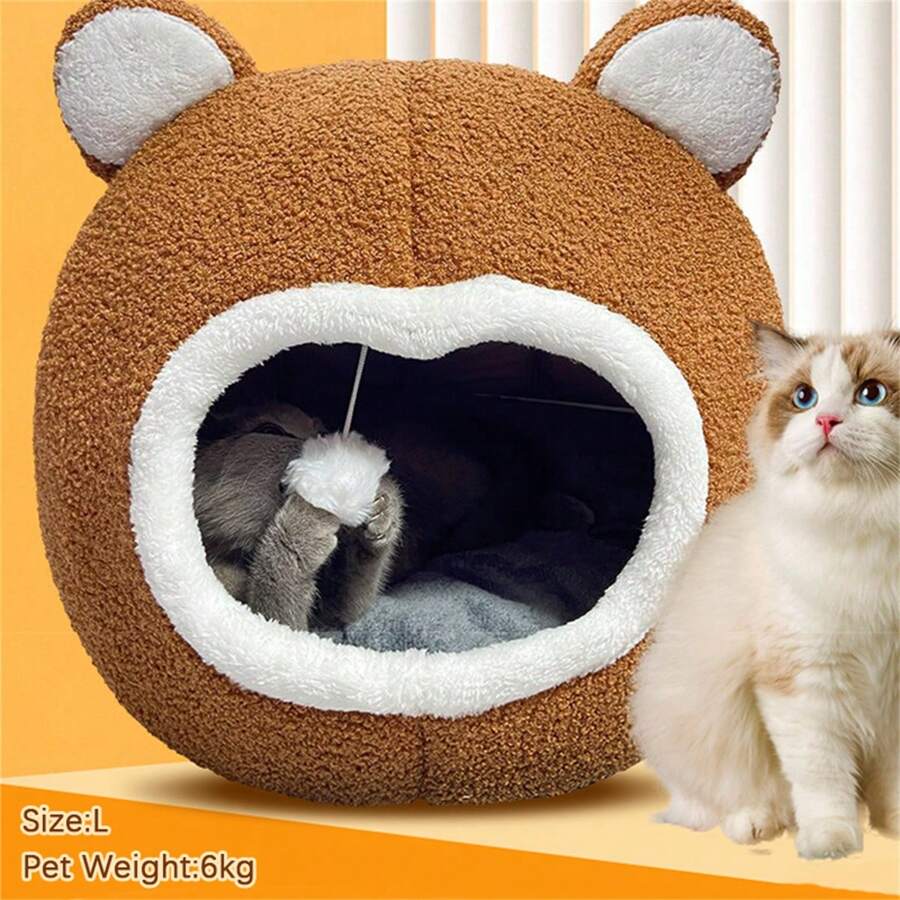 Giường cho mèo kiểu gấu bông, phù hợp cho mèo vừa và nhỏ, thiết kế dày ấm áp, kín một nửa, nhà cho thú cưng hoạt hình, nơi trú ẩn cho mèo