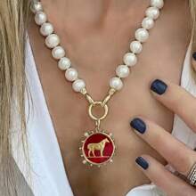 Funky Jewelry Luxury Chunky Gold Color Christ Glass Pearl Cross Charm Pendant Toggle Clasp Necklace Statement Gift Vintage Chain Jewelry ( Each Item Back Is Different )