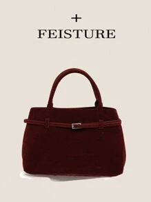 FEISTURE 1 件仿麂皮手提包，Ancora 大容量纯色成熟优雅女士手提包，勃艮第复古带扣肩带，适合女孩、女士、大学生、职场新人和白领，非常适合工作、商务、通勤、学校、复古风格女士包 - 酒紅色 - 查看 13