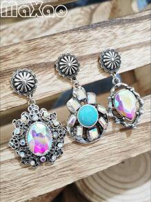 Hoa tai thủy tinh nhiều màu thiết kế theo phong cách cổ điển phương Tây Concho, thích hợp cho phụ nữ đeo khi đi dự tiệc, thủy tinh đổi màu theo ánh sáng - Màu Bạc Cổ - Xem 3