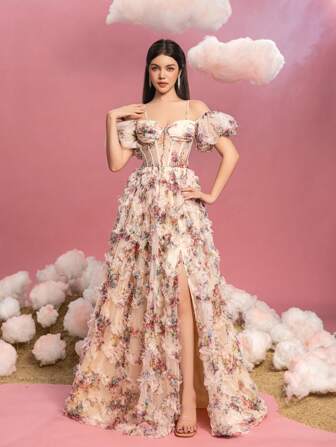 少女露肩花卉印花 A 字形毕业礼服：可调节后系带、俏皮泡泡袖、高开衩飘逸连衣裙，非常适合毕业舞会、生日派对