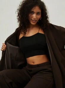 Conjunto de cardigan de manga larga y pantalones sueltos y casuales con cinturón para mujer - Café integral - Ver 4
