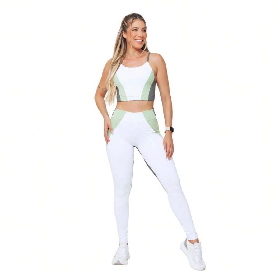 Polyamide High Compression Gym Set Leggings High Waist Double Top Adjustable Straps UV50+ - trắng - Xem 1