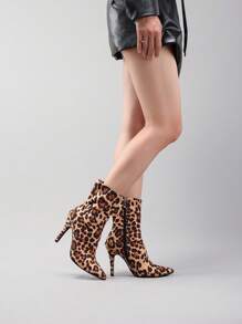 Giày bốt cao gót nữ họa tiết da báo, mũi nhọn gợi cảm, bốt nhung cổ ngắn cho các bữa tiệc đêm, mùa thu/đông. - Nhiều màu - Xem 6