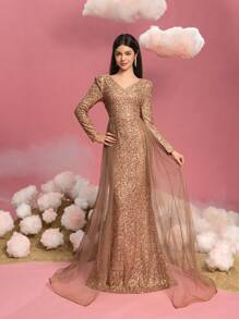Vestido de noche para adolescentes con lentejuelas brillantes, escote en V elegante, mangas a ras del suelo, paneles laterales de tul transparente y bajo con cola de pez dramática. Vestido de fiesta formal para galas, eventos de alfombra roja, bailes de fin de curso, concursos de belleza, bailes de caridad, formales de invierno, ceremonias de premios y recepciones de lujo por la noche.