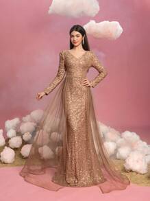Vestido de noche para adolescentes con lentejuelas brillantes, escote en V elegante, mangas a ras del suelo, paneles laterales de tul transparente y bajo con cola de pez dramática. Vestido de fiesta formal para galas, eventos de alfombra roja, bailes de fin de curso, concursos de belleza, bailes de caridad, formales de invierno, ceremonias de premios y recepciones de lujo por la noche.