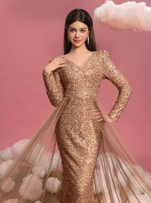 Vestido de noche para adolescentes con lentejuelas brillantes, escote en V elegante, mangas a ras del suelo, paneles laterales de tul transparente y bajo con cola de pez dramática. Vestido de fiesta formal para galas, eventos de alfombra roja, bailes de fin de curso, concursos de belleza, bailes de caridad, formales de invierno, ceremonias de premios y recepciones de lujo por la noche.