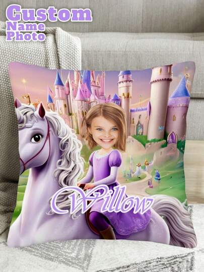 1pc Customized Personalized Photo Printed Pillow Case, Custom Face Pillow, Custom Name Pillow, Single Sided Print Pillow, Princess Castle/Dinosaur Background Pillow, Cover For Children's Day, Birthday Gifts, Create Your Own Picture Pillow Case, Great Gift For Family, Friends And Yourself, Personalized, Unique, Ideal Gifts For Him, For Valentine's Day, For Graduation, For Father's Day, For Children's Day, For Weddings, For Housewarming, Sofa, Bed, Car, Tea Room, Bedroom, Bathroom, Living Room, Dining Room