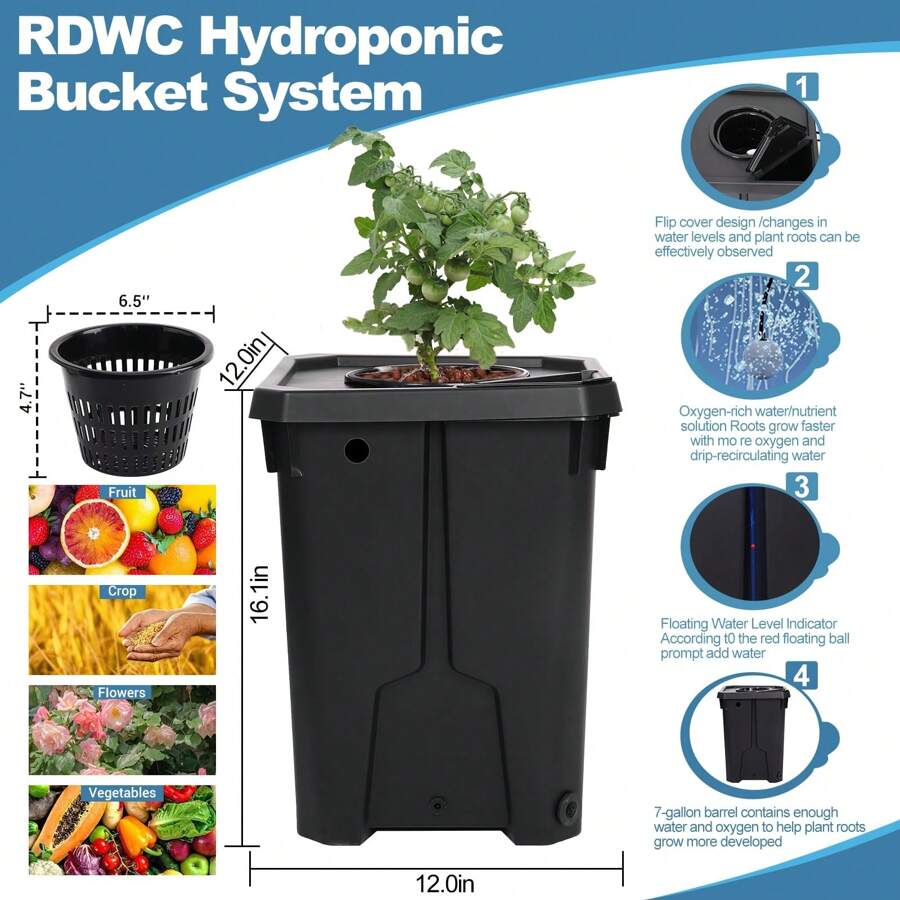 RDWC Hydroponics Grow System 6 Site + Reservoir, 7Gallon Top Drip