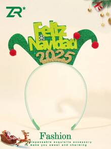 1 件女式圣诞绿色闪亮闪光头带带红色毛球，Feliz 圣诞节 2025，圣诞浆果，雪花，鹿角，圣诞派对头带，2025 新年派对头带，时尚女士发饰 - 彩色 - 查看 1
