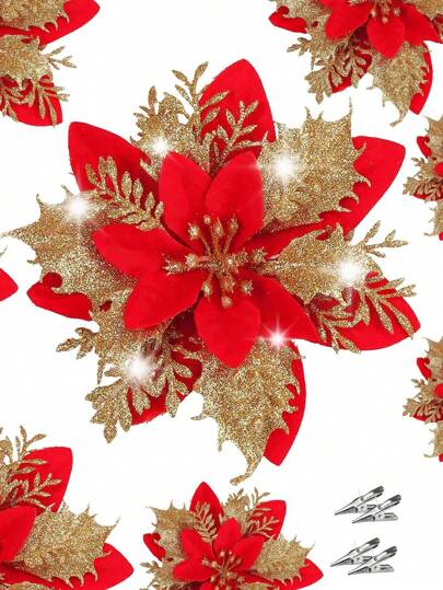 MEHELANY 16朵红金相间的圣诞红花，4朵花+花夹，人造圣诞红假花装饰套装，带夹子，闪亮圣诞树装饰品，可用于DIY圣诞花环装饰、婚礼、派对、生日礼物装饰、新年装饰、圣诞树顶饰、花环、花瓶填充物、家居装饰