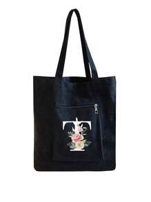 黑色帆布手提袋，印有A-Z字母和花卉图案，女士休闲帆布手提包，适合度假、海滩和日常生活，是送给女性、妈妈、老师、朋友、伴娘、学生和返校季的绝佳礼物。 - 黑色 - 查看 16