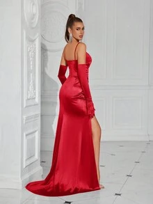 ADYCE Sleeveless Pleated Front Slit Backless Cocktail Party Cami Dress (Gloves Not Included), Formal Evening Prom Gown, For Wedding Guest, Graduation, Dinner - Red - View 2