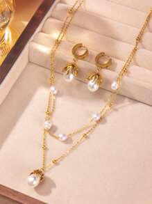 Camhanno Combo 2 Dây Chuyền Ngọc Trai Hai Lớp Bằng Thép Không Gỉ + Hoa Tai Ngọc Trai Thanh Lịch Và Thời Trang Thích Hợp Cho Trang Phục Dự Tiệc - Vàng - Xem 2