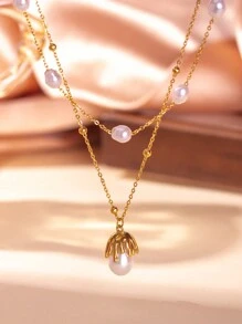 Camhanno Combo 2 Dây Chuyền Ngọc Trai Hai Lớp Bằng Thép Không Gỉ + Hoa Tai Ngọc Trai Thanh Lịch Và Thời Trang Thích Hợp Cho Trang Phục Dự Tiệc - Vàng - Xem 4