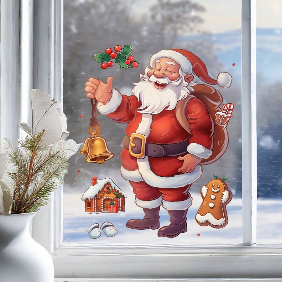 1PC Merry Wall Stickers, DIY Peel And Stick Glass Window Decals Cartoon Santa Claus Wall Decal For Restaurant Bedroom Living Room Party Decor Supplies,Stickers,Wall Decal, Vinyl Decal For Home Decorations,Spring Decoration Items Refresh Your Home,Rama Decoration Stickers