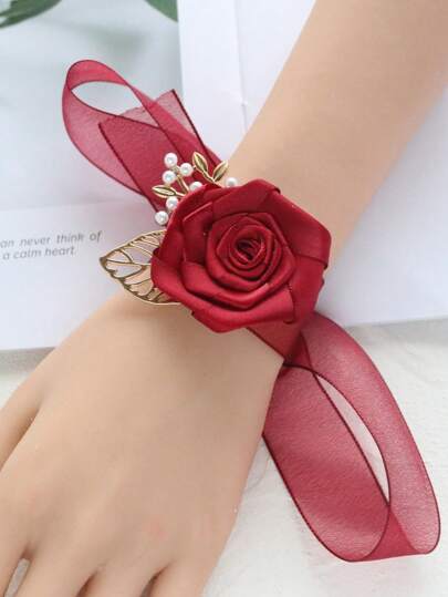 1pc Chinese Style Burgundy Bride Wrist Corsage, Bridesmaid Rose Wrist Band, Wedding Supplies, Bridal Gown Decor, Party Decoration