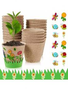 10pcs/5pcs Garden Papercraft Planting Foam Flower Kits, DIY Painting Craft Set, Paper Pulp Pots, 80pcs Random Foam Stickers, Children Science Gift, Floral Planting Craft For Spring, Available In 8cm And 6cm Sizes - Khaki - View 1