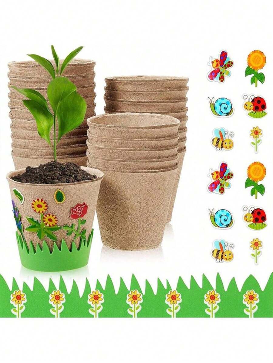 10pcs/5pcs Garden Papercraft Planting Foam Flower Kits, DIY Painting Craft Set, Paper Pulp Pots, 80pcs Random Foam Stickers, Children Science Gift, Floral Planting Craft For Spring, Available In 8cm And 6cm Sizes - Khaki - View 1