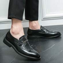 Men Business Breathable Leather Shoes With Metal Buckle, Low-Top Loafers, Brogue Carving Casual Leather Shoes For Office And Formal Occasions
