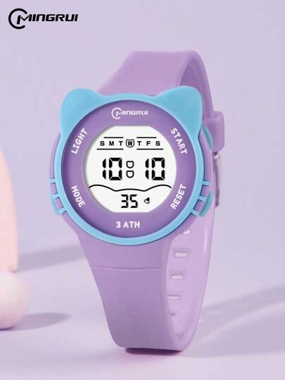 MINGRUI 沙特国庆节女孩可爱猫咪卡通彩色电子儿童手表 30米防水 游泳 闹钟 计时器 夜光 数字腕表 儿童 学习用品 防水手表