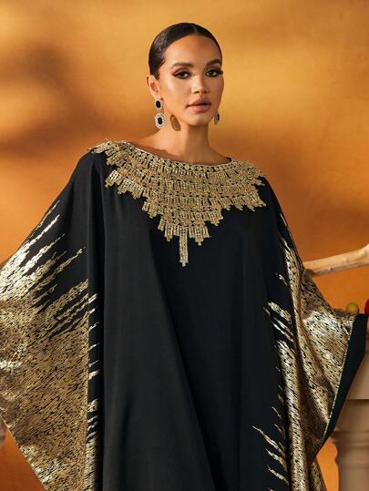 AmazingHoney Elegante y lujoso Kaftan negro y dorado con mangas con capa bordada, vestido árabe tradicional, modesto vestido largo de manga larga tipo abaya estilo árabe