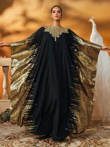 奢华优雅的黑色和金色长袍，配有刺绣斗篷袖子、传统阿拉伯长袍、朴素的长袖阿拉伯长袍 - 黑色 - 查看 7