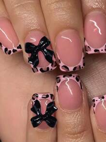 24片装短款Squpink法式美甲贴纸，中号3D蝴蝶结设计亚克力假指甲套装，包含1片果冻胶和1个指甲锉，易于佩戴，适合女性日常工作、节日、派对、美甲用品 - 彩色 - 查看 2