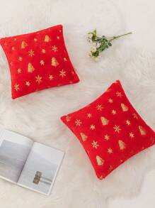 1pc Glittery Snowflake & Christmas Tree Pattern Polyester Pillowcase - Red - View 8