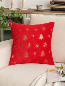 1pc Glittery Snowflake & Christmas Tree Pattern Polyester Pillowcase - Red - View 2